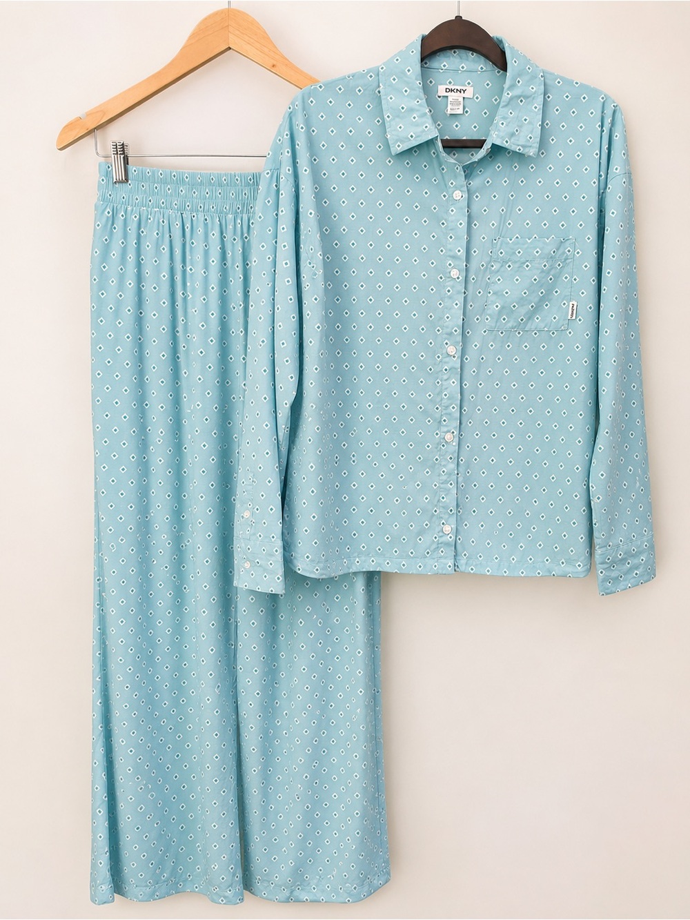 DKNY Cotton Rayon Pajama Loungewear Set Blue Geometric Button Front Women’s XS